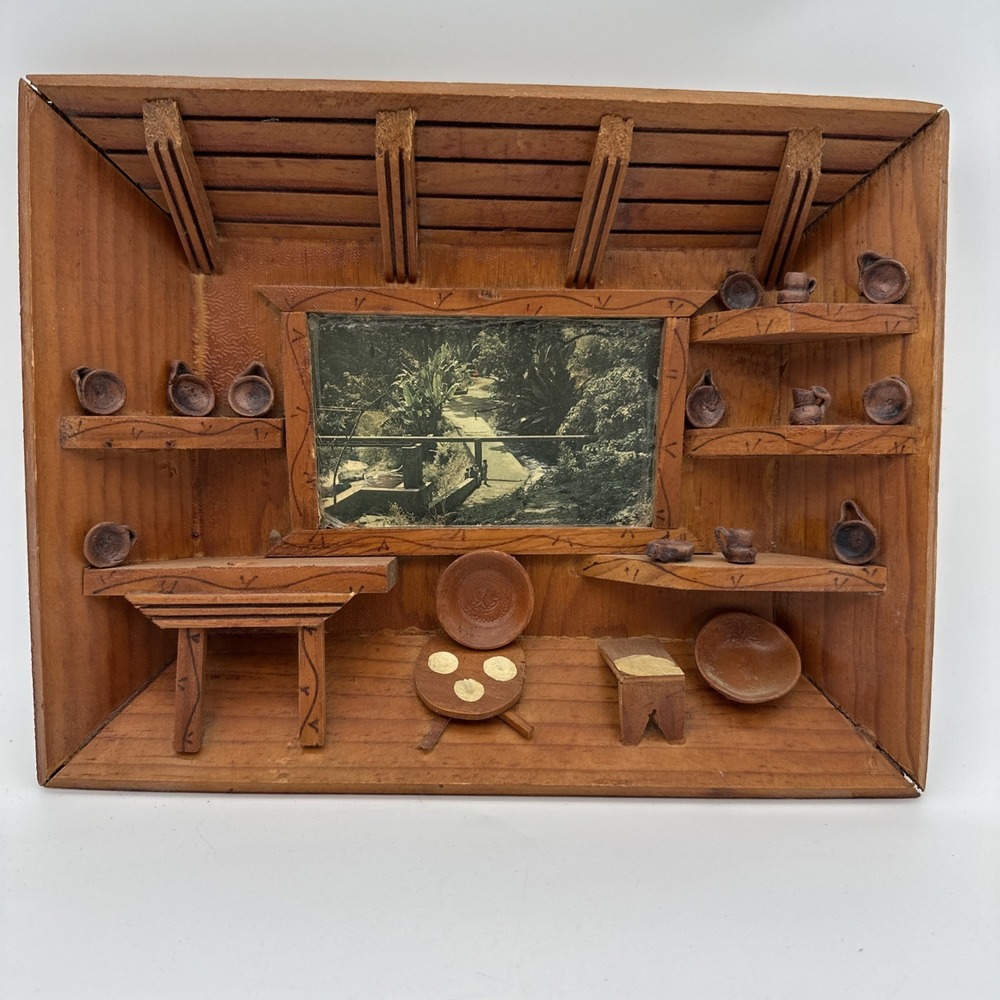 Vintage Folk Art Hand Carved Wooden House Scene Diorama 12x10 Cottage-core
